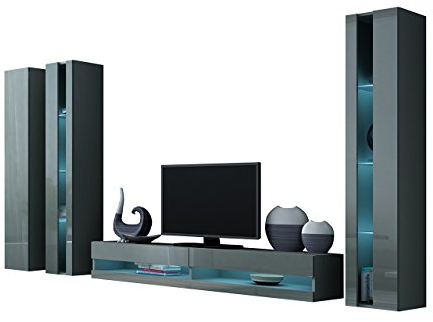 Wohnwand Vigo New VI Anbauwand, Design Mediawand, Modernes Wohnzimmer Set, Hängeschrank TV Lowboard, Vitrine (mit Blauer LED Beleuchtung, Grau/Grau Hochglanz)