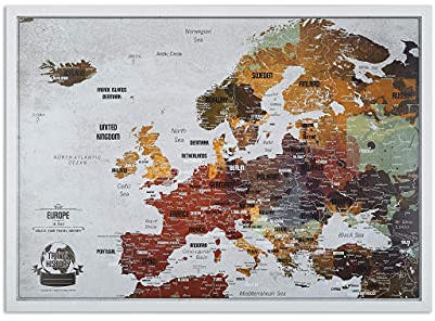 2Maps Europakarte Pinnwand mit Stecknadeln + Bonus 100 Pins, Abenteuer Karte mit Rahmen, Personalisierte Karten mit Originalfarben, Hergestellt in der EU, 43x53x3 cm, Natürlicher Holzrahmen