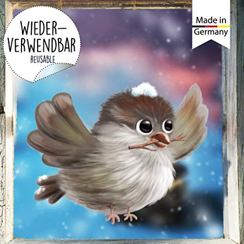 Wandtattoo Loft Fensterbilder Weihnachten mit winterlichen Spatz – Wiederverwendbar – A4 Bogen – Weihnachstdeko Fenster Kinderzimmer, Weihnachtsbilder Fenster, Fensterbild Winter