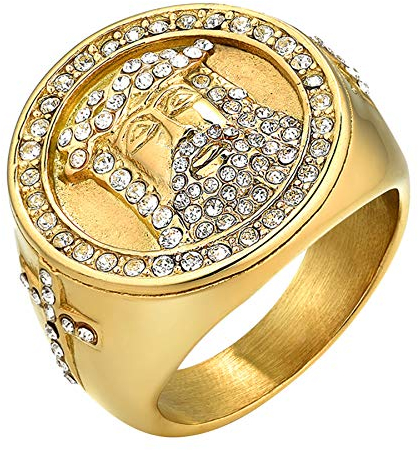 JewelryWe Schmuck Herren-Ring Jesus Christus Portrait Kreuz Siegelring Strass Edelstahl Religiöser Ring Band mit Gravur Gold Size 9