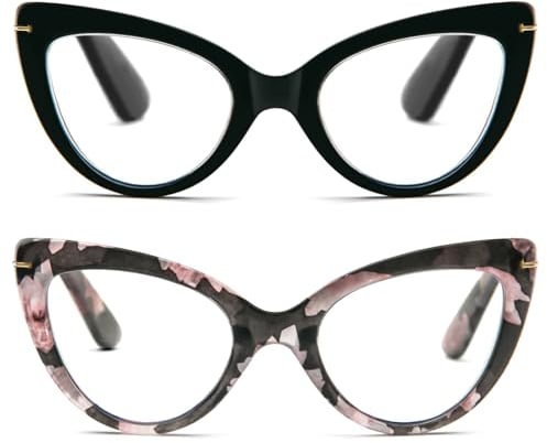 MMOWW 2er-Pack Katzenauge Lesebrillen Damen mit Blaulichtblocker in trendiger Farbe, Stilvolle Großer Bequem Brille (Schwarz + Muster, +1,5)