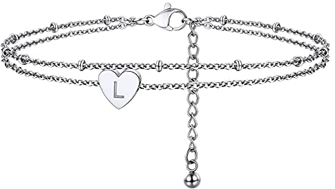 Bracelet de Cheville Acier Lettre L Chaines de Pied Double Femme Initiale Petit Pendentif Coeur Grave Fille Fine Inoxydable Alphabet Bijoux Plage Ete Vacance Cadeau Maman