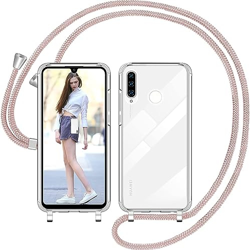 Nupcknn Handykette Hülle für Huawei P30 Lite Hülle TPU Bumper+PC Back Necklace(abnehmbar) Transparent Hülle mit Kordel zum Umhängen Handy Schutzhülle mit Band(Rosegold 1)