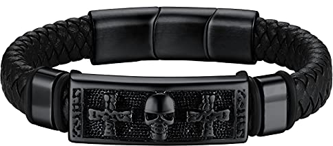 FaithHeart Armband Lederarmband Herren Damen Wikinger-Anhänger Totenkopf Schmuck