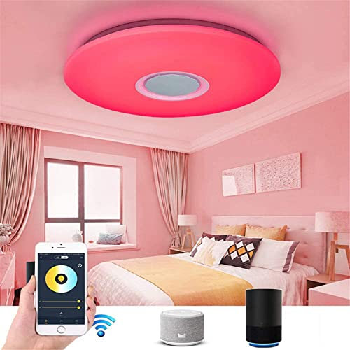 WiFi Round LED Music Ceiling Light with Smart Alexa, 36W Dimmable RGB Color Living Room Ceiling Lamp with Bluetooth Speaker & Remote Control for Kitchen, Bedroom, Party,40CM