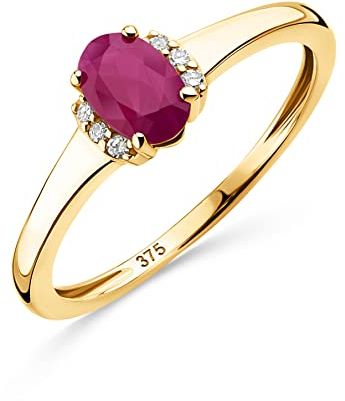 OROVI Schmuck Damen 0.03 Ct Diamant Verlobungsring Gelbgold mit Edelstein/Geburtsstein natürlicher ovaler roter Rubin und 6 Diamanten Brillanten Ring aus 9 Karat (375) Gold