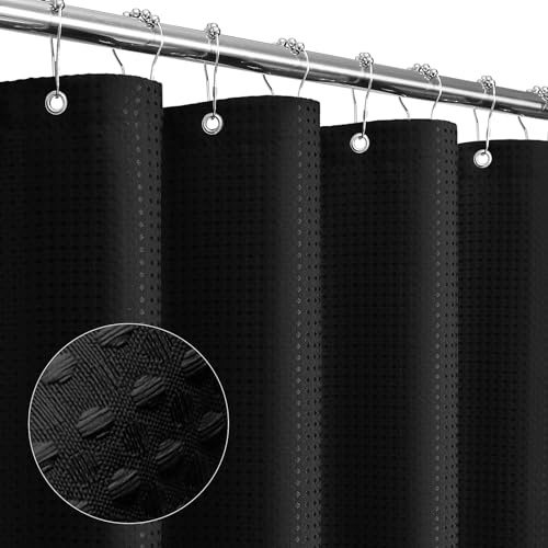 Gibelle Schwarzer Duschvorhang, Waffelgewebe, strukturierter Stoff, Duschvorhang für Badezimmer – weiches Tuch & Hotel Spa Luxus, wasserabweisend, maschinenwaschbar, 183 x 183 cm, Schwarz