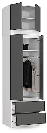 BDW Kleiderschrank mit Aufsatz, 4-türiger Kleiderschrank, 2 Schubladen - Aufbewahrungsschrank - Moderner Schrank für das Schlafzimmer, Wohnzimmer, Flur, 234x60x51cm - Weiß/Grau