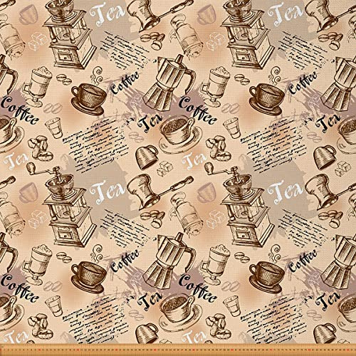Loussiesd Kaffee Thema Stoff Meterware Jahrgang Espressomaschine Design Möbelstoff Retro Doodle Stil Dekorationsstoff für Heimwerkerprojekte Wasserdichter Stoff 184x150cm Hellbraun