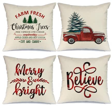 Vordpe 4 Stück Weihnachten Kissenbezug, Winter dekokissen, Leinen Dekorative Sofa Kissenbezüge für Zuhause, Couch, Schlafzimmer, Auto, Weihnachten Favor(45.7 x 45.7 cm)