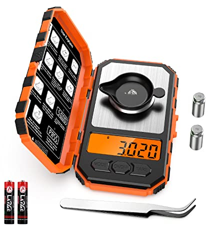 ORIA Feinwaage 50g/0,001g, Digitalwaage Milligramm, Präzisions Taschenwaage, Tragbare Schmuckwaage, LCD-Display Mini-Waage, Tara Funktion, 10g x 2 Stk. Kalibriergewichte & Pinzetten - Orange