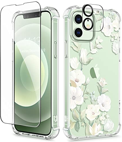GVIEWIN Compatible with iPhone 12 Case/iPhone 12 Pro Case 6.1 Inch 2020, with Tempered Glass Screen Protector + Camera Lens Protector, Clear Flower Soft TPU Thin Shockproof Cover,Hibiscus/Green