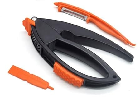 Adems Multifunctional Garlic Presser with Peeler, Meat Hammer, Multifunctional Garlic Press 3 in 1, Stainless steel Garlic Presser, Premium Garlic Press with comfortable handle grip (Orange and Black)