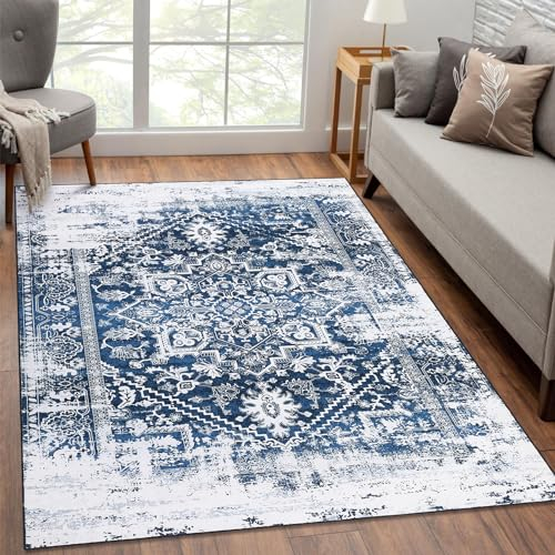 LuxFocus Farbverlaufs Retro Teppich, 120 x 170 cm Rechteckig Blau Orientalisches Schneeflocken-Medaillon im Used-Look Fusselfrei für Wohnzimmer Schlafzimmer Esszimmer Zuhause, Büro