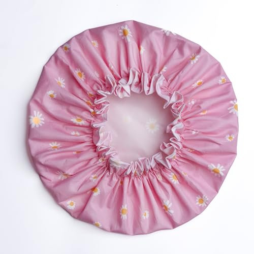 SARG Premium Double Layer Shower Cap for Women with Unique Flower Design- Reusable Shower Cap for Hair - Waterproof Plastic Cap - Shower Caps for Long, Short and Curly Hairs (Bubblegum Burst)