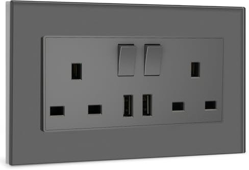 BSEED Double Switched Sockets with Two USB Charging Ports, UK Standard Electric Power Sockets with Glass Panel, 2 Gang 13A Wall Socket, Gery