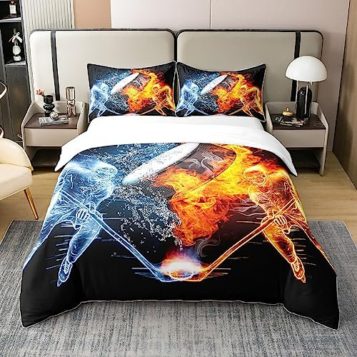 Loussiesd Kinder Ice Hockey 100% Baumwolle Bettwäsche Set 135x200cm Ice Sports Games Bettbezug Set Baumwolle Decor Puck Hockey Betten Set Hockey Player Orange Blau Bettwäsche-Setchlafzimmer
