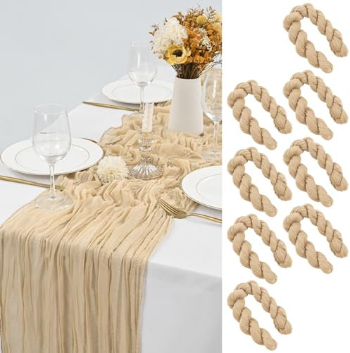 LYAFS 8 Stück Käsetuch Tischläufer Beige, 90 x 400 cm Seihtuch Tischläufer Waschbares Gaze-Stoff Boho Tischläufer Cheesecloth Tischdekor für Hochzeit Brautparty Empfang Festival im Freien Dekor