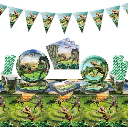 Dinosaurs Party Decorations - Including Dinosaurs Paper Plates Napkins, Cups, Dino Tablecloth, Banner for Kids Baby Shower Dinosaur Birthday Supplies, Serves 20