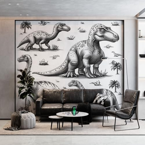 3D Photo Murale Dessin Animé Animal Dinosaure Papier Peint Personnalisé, pour Salon et Chambre Noir Et Blanc Murales Fresque Home Decor 400 x 280 cm (WxH) Peinture Murale