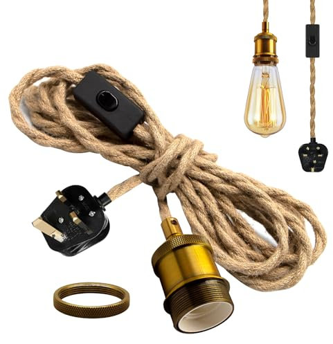 Hemp Rope Pendant Light,16.7 Ft Vintage Hanging Light with Plug in Cord, Rustic Plug in Ceiling Light Fixture, Adjustable Industrial Brass Suspended Pendant Light Fitting,E27 Lamp Holder,for Kitchen