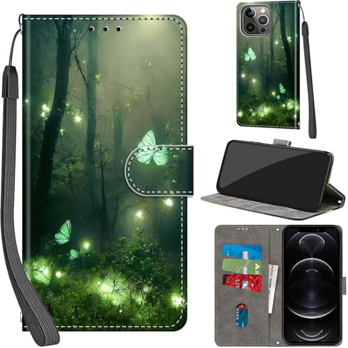 Haninsuze Case for iPhone 13 Pro 6.1-Inch, Forest Butterfly | PU Leather, 3 Card Holder, Wallet Book Flip, Folio Stand View, Magnetic, Multi-Pattern Cover, Lanyard Strap
