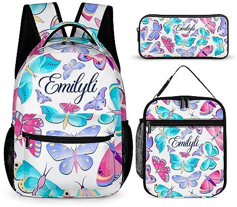 SweetJECCU Mochila de mariposa personalizada con lonchera y juego de estuche, juego de 3 mochilas escolares personalizadas, Mariposa, L, Mochila con fiambrera
