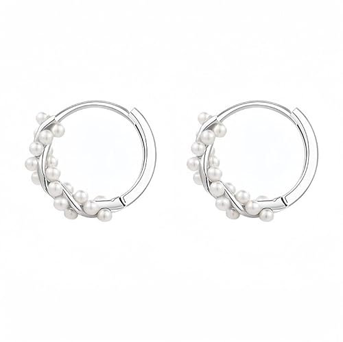 Perlen Ohrringe, Sterling Silber Creolen Ohrringe für Frauen Creolen mit Gedrehten Perlen, Damen-Creole aus 925 Sterlingsilber und Kunstperle, Braut Ohrringe Mädchen Perlenschmuck (Silber)