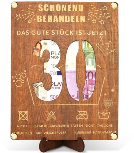 Geldgeschenk zum 30. Geburtstag aus Holz - 20 x 15cm mit Ständer und Grußkarte - Witzige Geschenke für Frauen und Männer