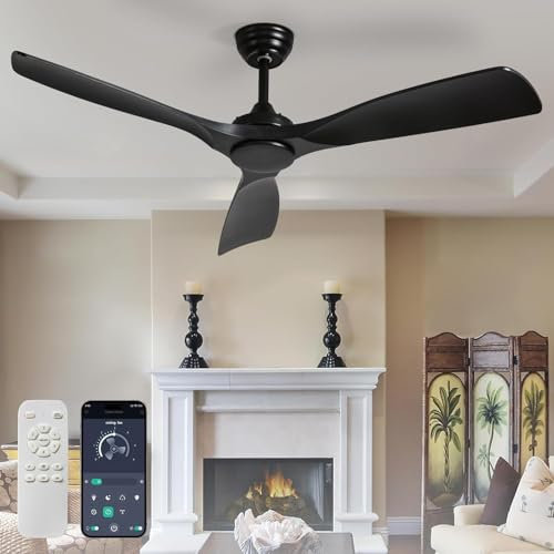 Depuley Leise Deckenventilator ohne Licht für Außen: 132CM Ventilator mit Fernbedienung und APP für Terrasse Garten - Groß Deckenventilator, Reversibler DC Timer für Schlafzimmer, Wohnzimmer, Schwarz