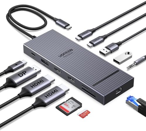 UGREEN Revodok Pro 3121 Hub USB C Double HDMI 4K60Hz et DisplayPort 4K120Hz 12 en 1 Docking Station USB C Triple Affichage avec 10Gbps Data Ports PD 100W Adaptateur Ethernet Lecteur Carte SD TF 3.5mm