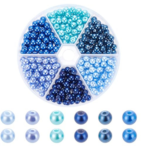 WADORN 300 pièce Perles de Verre Nacrées Bleues, 6 couleurs 6mm Perles de Verre Rondes Bleues Assorties en Vrac avec Trous pour Bricolage Fabrication de Bijoux Bracelets Colliers Boucles D'Oreilles