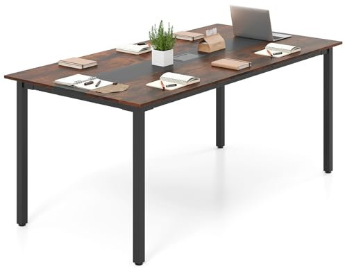 COSTWAY 180 x 90cm/240 x 120cm Computer Desk, Wooden Conference Room Table Writing Workstation with Cable Grommet, Large Home Office Study Desk PC Laptop Table (Rustic Brown+Black, 180 x 90 x 75cm)