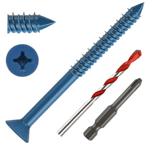 Viti per calcestruzzo da 1/4 x 3-1/2, 50 viti blu a testa piatta per calcestruzzo, kit di ancoraggio con punta per cacciavite, per muratura, cemento, blocchi, mattoni o stucco