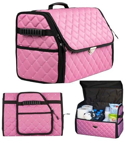 GOSOYO Kofferraum-Organizer aus Leder mit Deckel, faltbarer Auto-Organizer, Trennwand und Kofferraum-Organizer mit Taschen, rutschfestes Design (Pink-Black)