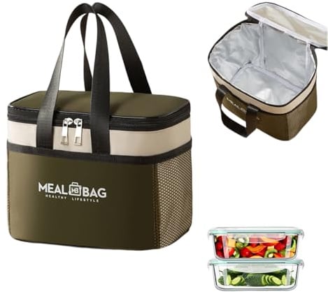 MSLSOZ Borsa per il pranzo pieghevole, isolata, impermeabile, riutilizzabile, isolata, per donne, uomini, bambini e studenti, picnic in viaggio (verde militare).