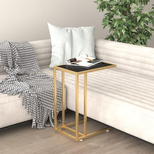 QUAHEAS Beistelltisch Glas, Modern Wohnzimmer Couchtisch, Schwarz Gold Metall Nachttisch mit 5mm Gehärtetem Glasplatte, 50x35x65cm Klein Tisch für Schlafzimmer, Büro