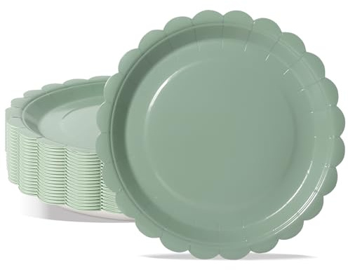 PYAILI Party Paper Plates, 50-Pack Disposable Sage Green Scalloped Plates, Foil Polka Dots, 18 Centimetres-7 Inch