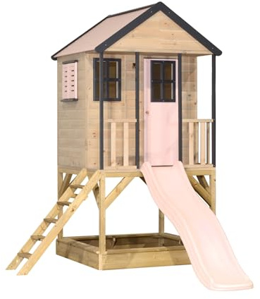 Wendi Toys M48 Spielhaus mit Rutsche, Stelzenhaus aus FSC-Holz für Kinder Garten Outdoor, Podesthöhe 90 cm, 280×197×242 cm, mit 175 cm Rutsche, Sandkasten, Leiter, wetterfest