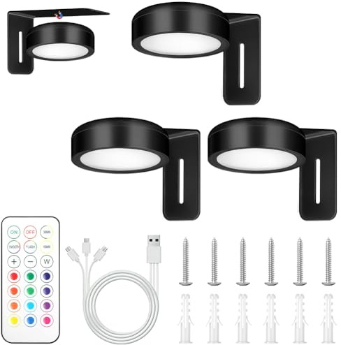 Adiwo Luce per Quadri Senza Fili con Telecomando, 3PCS Luce per Quadro Senza Fili, 13 RGB Luci LED Magnetiche Wireless Ricaricabili, Timer Dimmerabile per Esposizione Pittura Vetrina, Nero