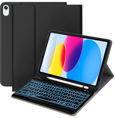 HikerClub Custodia con tastiera per iPad 11 (A16) 11a generazione 2025 | Portapenne, tastiera wireless staccabile retroilluminata a 7 colori, custodia flip stand, compatibile con iPad 10a
