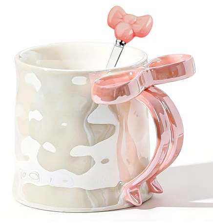 Süße Tasse mit Schleife - 350 ML Kaffeetasse Rosa, Cute Mug Keramik Tasse für Kaffee & Tee, Hochwertige Porzellan Tassen mit Henkel für Zuhause & Büro