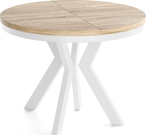 WFL GROUP Runder Esstisch Ausziehbar 90-190 cm – Verlängerbar, für 5-9 Personen mit Weißen Holzbeinen & Metallring – Tisch für Wohnzimmer & Esszimmer in Eiche Sonoma Hellbraun