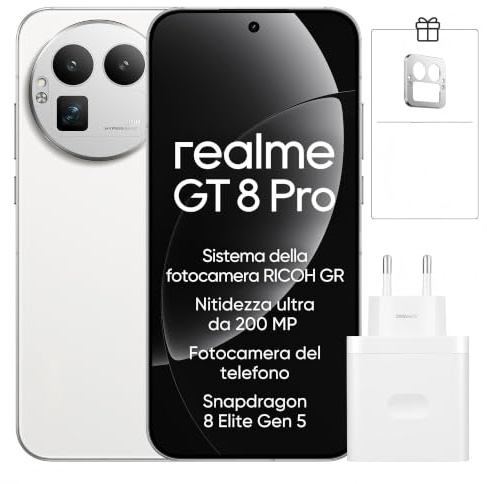 realme GT 8 Pro 5G Smartphone 12+256 Go, Snapdragon 8 Elite Gen 5, 200MP Ultra Clarity, écran 6.79 AMOLED QHD+ 144 Hz, 7000 mAh, Charge sans Fil 50 W, avec 120W Chargeur, Blanc