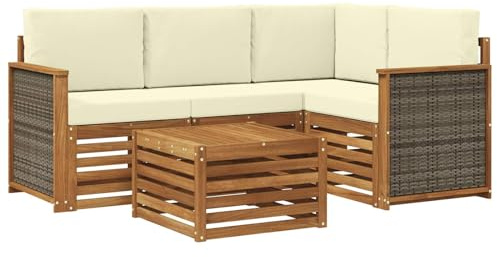 vidaXL Outdoor-Sofagarnitur 5 pcs Natur und Creme 59 x 59 x 37 cm, Moderner Garten-Sofaset, Coole Terrassenmöbel, zeitgemäße Lounge, modulares Design, Akazien-Elemente