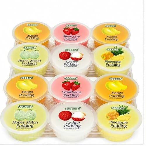 Nata de Coco Pudding Cups Assorted Variety Pack (12 Pack) 80g – Mixed Fruit Flavours Jelly Dessert Cups – Mango, Lychee, Strawberry & More Boxed Treatz