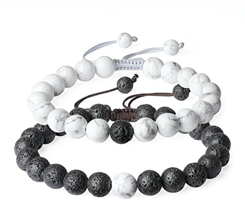 COAI Partnerarmbänder aus Howlith und Schwarzer Lavastein Naturstein Perlenarmbänder für Damen Herren