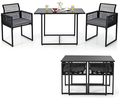 COSTWAY Conjunto Jardin Exterior de 3 Piezas, Conjunto Mesa y sillas Jardin de Ratán PE, Respaldo Plegable, Cojines Extraíbles, Mesa de Cristal Templado, Patio Jardín Terraza