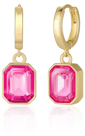 Mesovor Kristall Ohrringe Gold Hängend für Damen, 14 Karat Vergoldet Hypoallergene Ohrhänger Goldene Creolen, Schmuckgeschenke für Familie, Mutter, Schwester, Ehefrau (Heißes Neonpink)