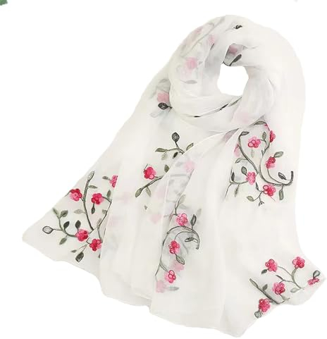 Pluto & Fox Damenschal, bestickt mit Blumen, Seidenschal, Retro-Design, elegant, Halstuch, Stola, weiß, 75cm*175cm